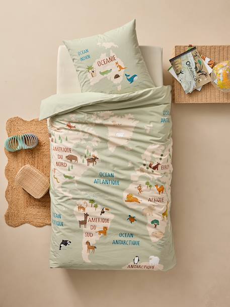 Bedding set with duvet cover and pillowcase, ANIMAL WORLD TOUR design, made with recycled cotton sage green - vertbaudet enfant 