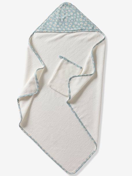 Customisable cotton muslin bath cape and wash mitt MARGUERITE printed blue - vertbaudet enfant 