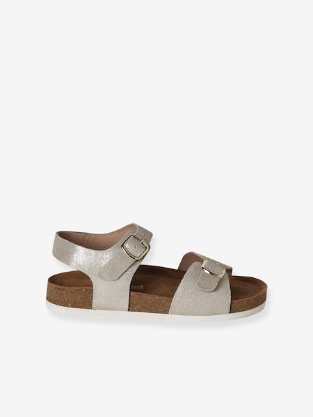 Leather sandals with double buckles gold+pale pink - vertbaudet enfant 