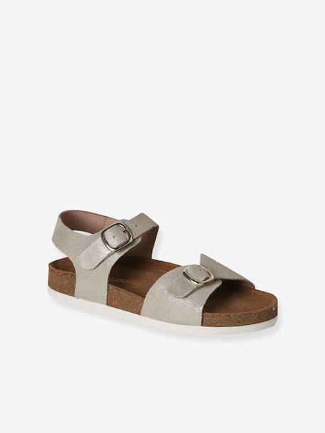 Leather sandals with double buckles gold+pale pink - vertbaudet enfant 