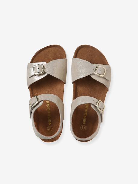 Leather sandals with double buckles gold+pale pink - vertbaudet enfant 