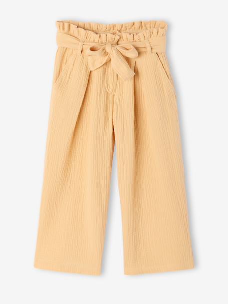Cropped, Wide Leg Paperbag Trousers in Cotton Gauze for Girls beige+green+old rose+sage green+yellow - vertbaudet enfant 