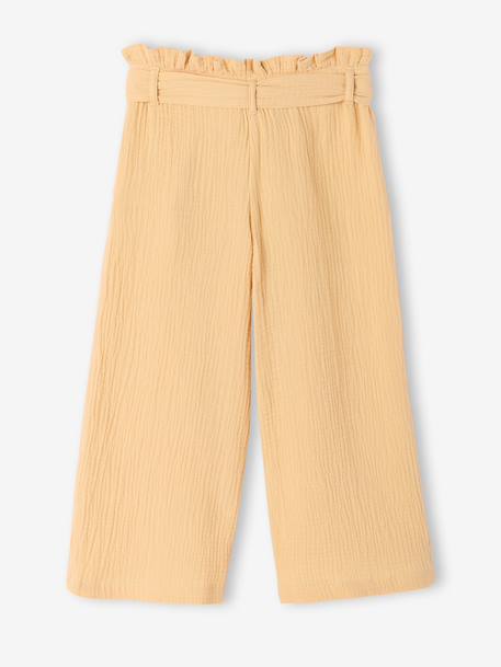 Cropped, Wide Leg Paperbag Trousers in Cotton Gauze for Girls beige+green+old rose+sage green+yellow - vertbaudet enfant 
