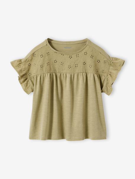 Girl's t-shirt with embroidered details coral+ecru+khaki - vertbaudet enfant 