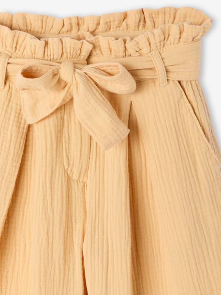 Cropped, Wide Leg Paperbag Trousers in Cotton Gauze for Girls beige+green+old rose+sage green+yellow - vertbaudet enfant 