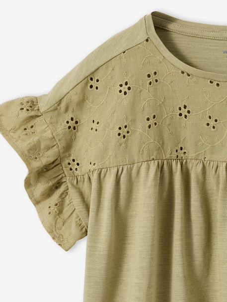 Girl's t-shirt with embroidered details coral+ecru+khaki - vertbaudet enfant 