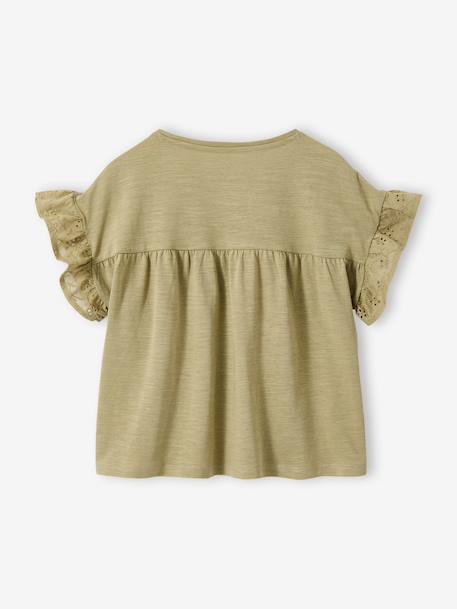 Girl's t-shirt with embroidered details coral+ecru+khaki - vertbaudet enfant 