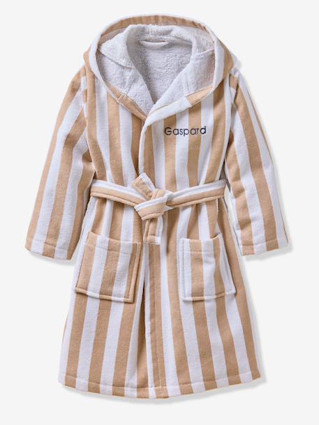 Customisable children's bear bathrobe, with recycled cotton striped beige - vertbaudet enfant 