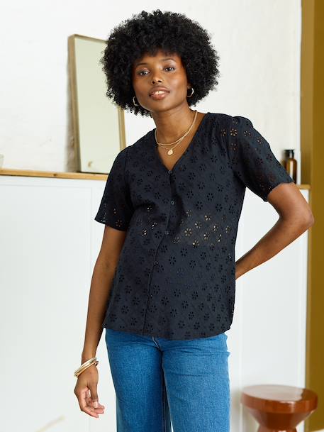 Broderie Anglaise Maternity and Nursing Blouse black+khaki - vertbaudet enfant 