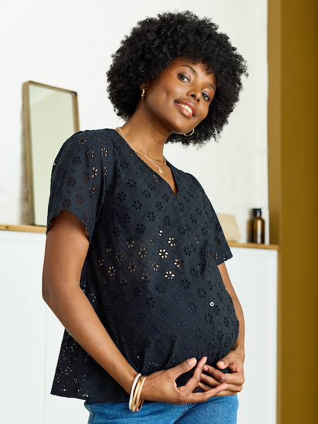 Broderie Anglaise Maternity and Nursing Blouse black+khaki - vertbaudet enfant 