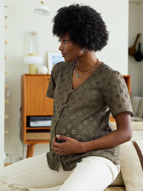 Broderie Anglaise Maternity and Nursing Blouse black+khaki - vertbaudet enfant 
