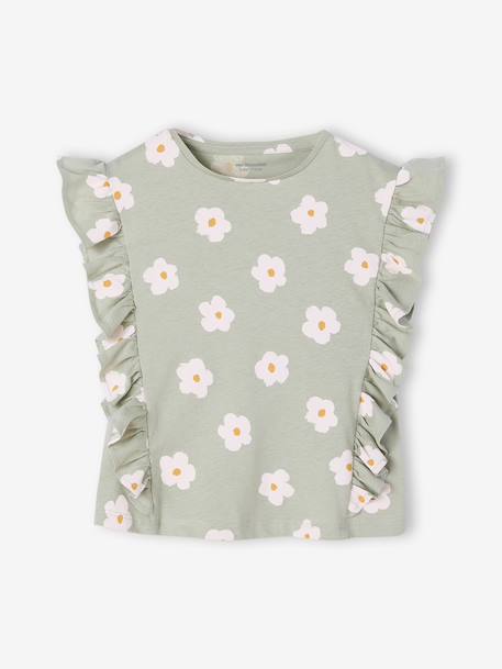 Girl's short-sleeved t-shirt with frills navy blue+sage green - vertbaudet enfant 