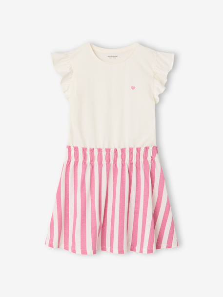 2-in-1-Effect Dress for Girls beige+ecru+indigo+pale pink+striped pink - vertbaudet enfant 
