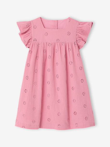 Robe fille gaze de coton brodée fleurs bleu pâle+corail+jaune pastel+vanille+vert sauge+vieux rose - vertbaudet enfant 