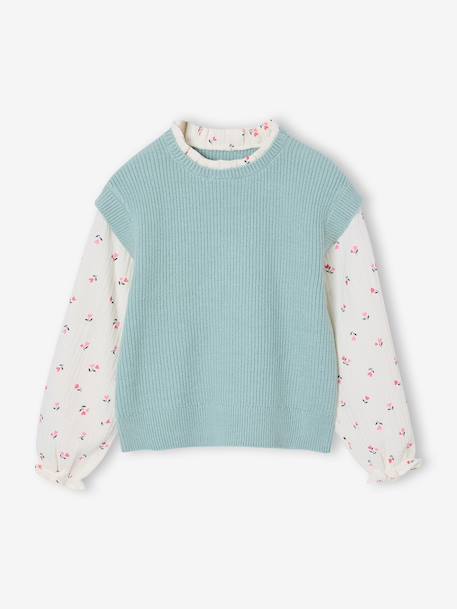 Girl's 2-in-1 jumper with sleeves grey blue+rose - vertbaudet enfant 