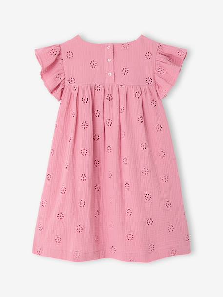 Cotton Gauze Dress with Embroidered Flowers, for Girls coral+old rose+pale blue+pastel yellow+sage green+vanilla - vertbaudet enfant 