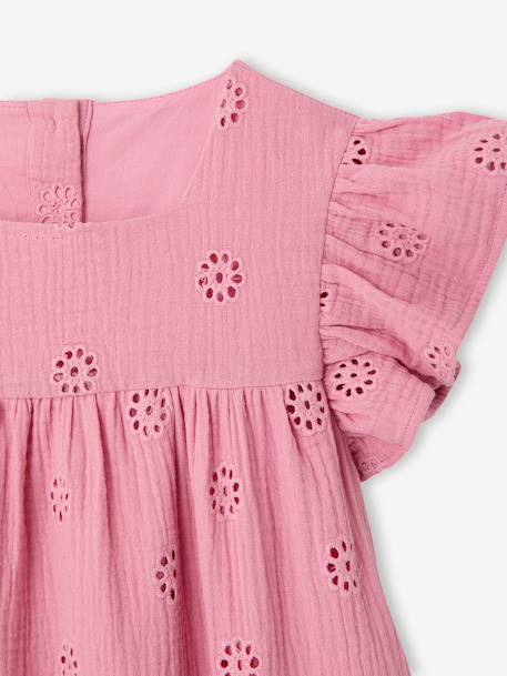 Robe fille gaze de coton brodée fleurs bleu pâle+corail+jaune pastel+vanille+vert sauge+vieux rose - vertbaudet enfant 