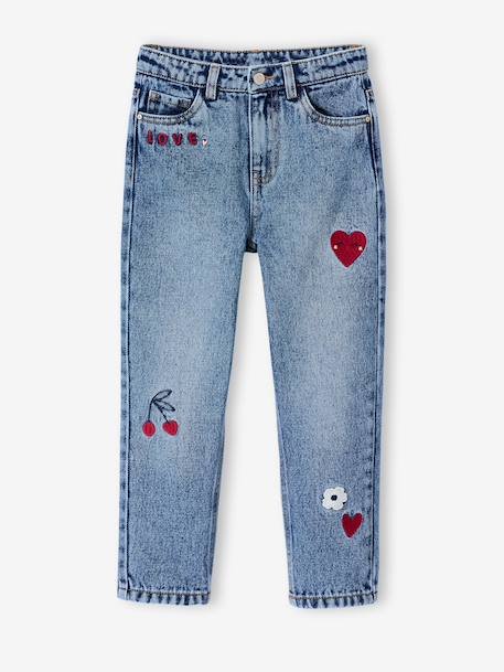 Girls' embroidered floral Mom jeans light blue+medium blue - vertbaudet enfant 