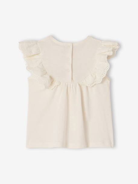 Baby Girls’ Broderie Anglaise Cotton T-Shirt ecru+rose - vertbaudet enfant 