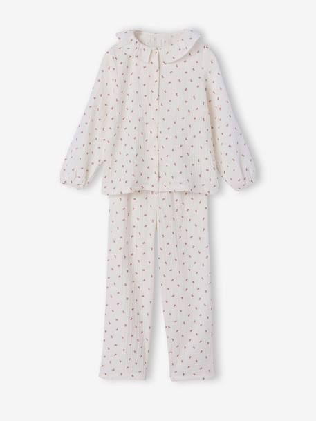 Girls' floral cotton muslin pyjamas ecru - vertbaudet enfant 