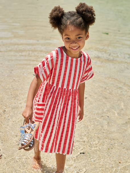 Seersucker Dress for Girls striped red - vertbaudet enfant 