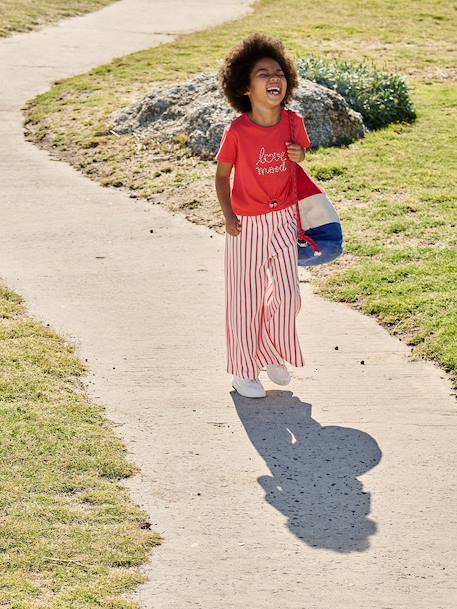 T-Shirt with Fancy Bow for Girls ecru+red+striped blue - vertbaudet enfant 