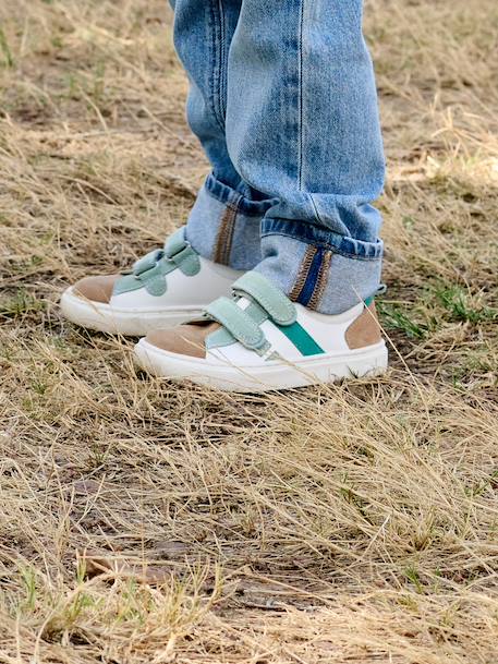 Leather Trainers with Hook-and-Loop Fasteners for Boys, Designed for Autonomy denim blue+navy blue+set blue+set green - vertbaudet enfant 