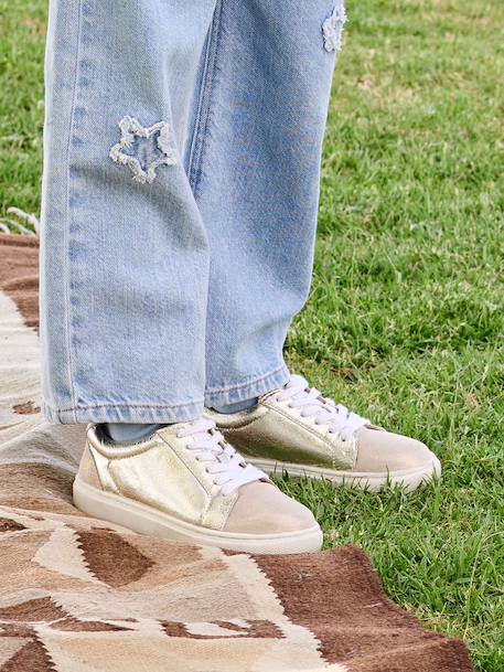 Baskets enfant fille en cuir à lacets beige imprimé+or - vertbaudet enfant 