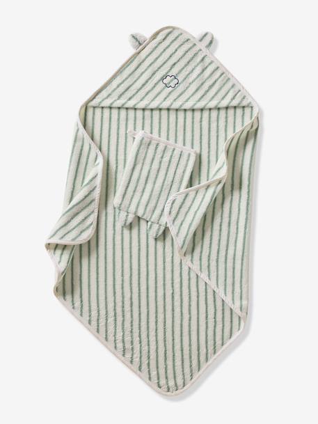 Bath Cape In Jacquard Stripes + Wash Mitt sage green - vertbaudet enfant 