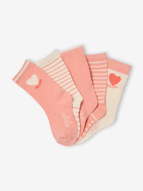Lot 5 paires de chaussettes coeur fille abricot+bleu chambray - vertbaudet enfant 