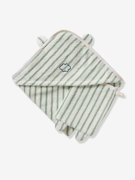 Bath Cape In Jacquard Stripes + Wash Mitt sage green - vertbaudet enfant 