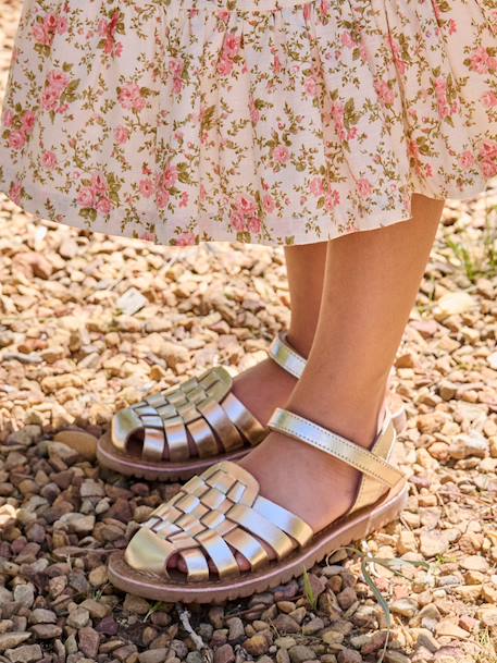 Hook-&-Loop Leather Sandals for Children, Designed for Autonomy ecru+gold - vertbaudet enfant 