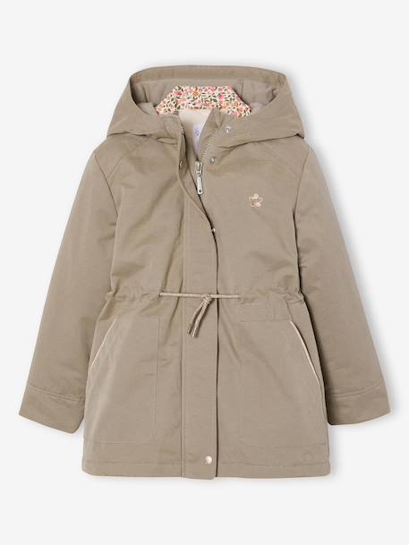 Girl's 3-in-1 parka and floral print windcheater khaki - vertbaudet enfant 