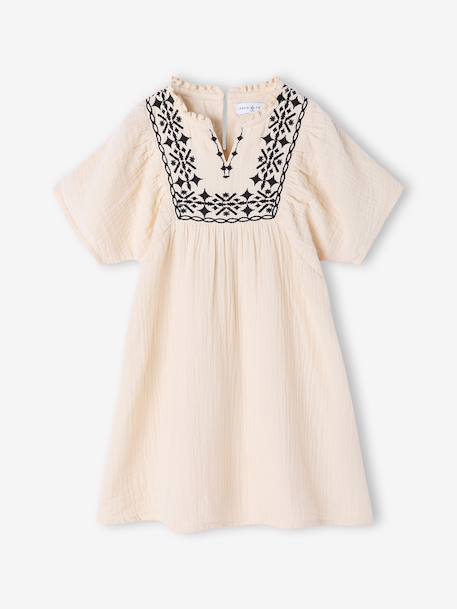 Girl's embroidered gauze dress, knee-length sandy beige - vertbaudet enfant 