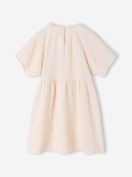 Girl's embroidered gauze dress, knee-length sandy beige - vertbaudet enfant 