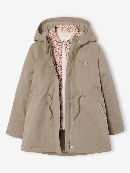 Girl's 3-in-1 parka and floral print windcheater khaki - vertbaudet enfant 
