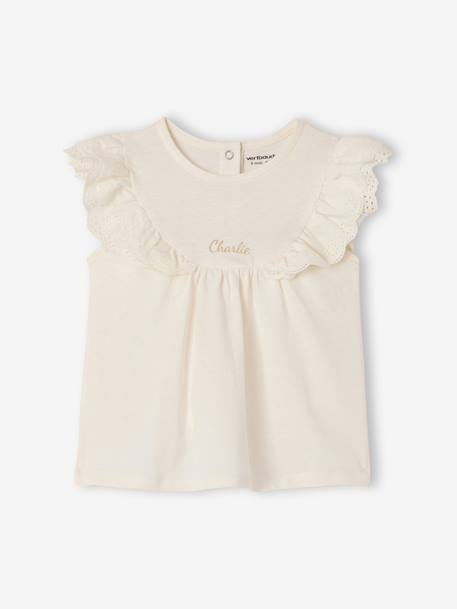 Baby Girls’ Broderie Anglaise Cotton T-Shirt ecru+rose - vertbaudet enfant 