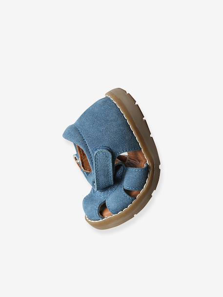 Leather Sandals with Hook-&-Loop Fastenings, for Babies denim blue+sandy beige - vertbaudet enfant 