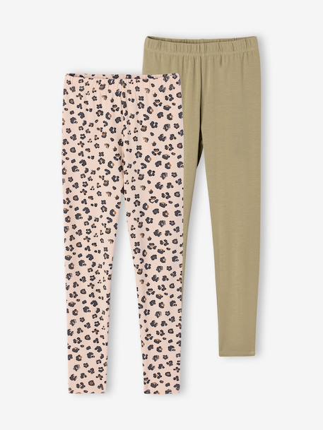 Pack of 2 Basics Leggings for Girls indigo+khaki+printed brown+sage green - vertbaudet enfant 