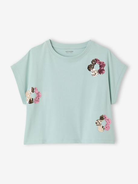 T-Shirt with Sequinned Motif, for Girls aqua green+ecru+lilac - vertbaudet enfant 