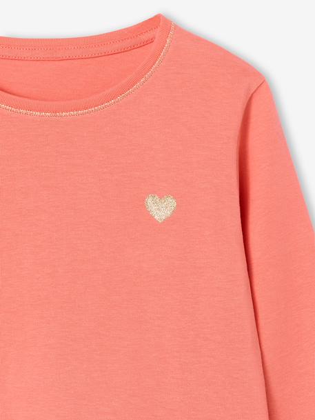 T-shirt fille coeur pailleté manches longues anthracite+corail+écru+rose poudré+vert émeraude - vertbaudet enfant 