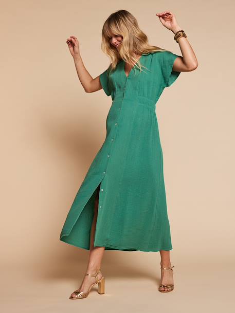 Robe longue col chemise grossesse allaitement vert émeraude - vertbaudet enfant 