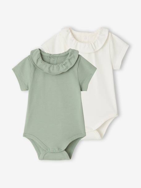 Pack of 2 Short-Sleeved Bodysuits with Fancy Collar, for Babies coral+sage green - vertbaudet enfant 