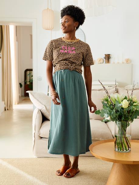 Long Skirt in Cotton Gauze for Maternity BROWN LIGHT SOLID+emerald green+slate blue - vertbaudet enfant 