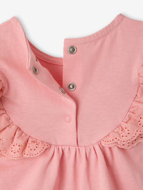 Baby Girls’ Broderie Anglaise Cotton T-Shirt ecru+rose - vertbaudet enfant 