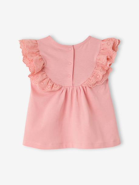 Baby Girls’ Broderie Anglaise Cotton T-Shirt ecru+rose - vertbaudet enfant 