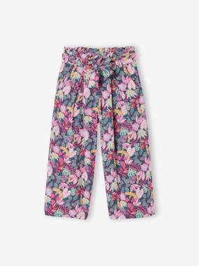 Girls-Cropped, Wide Leg Paperbag Trousers in Cotton Gauze for Girls