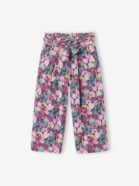 Cropped, Wide Leg Paperbag Trousers in Cotton Gauze for Girls beige+green+old rose+sage green+yellow - vertbaudet enfant 