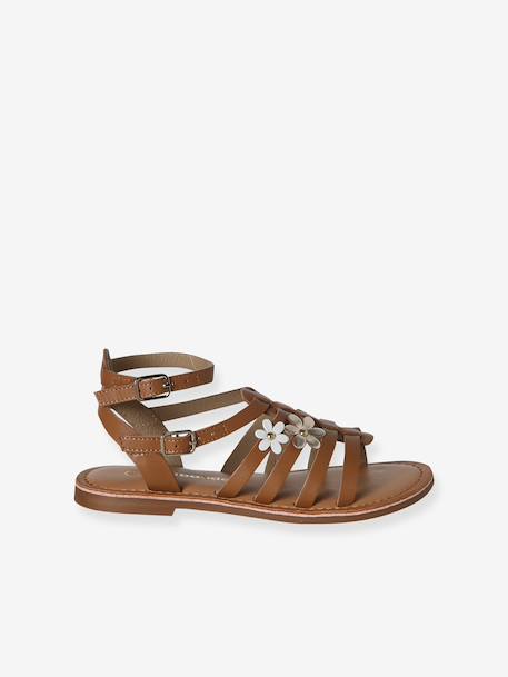Girls' leather gladiator sandals with buckles camel - vertbaudet enfant 