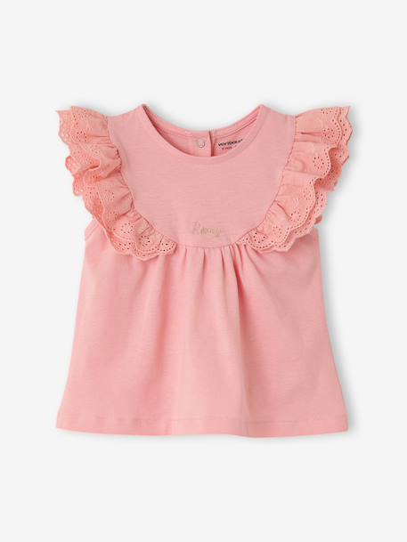 Baby Girls’ Broderie Anglaise Cotton T-Shirt ecru+rose - vertbaudet enfant 